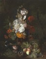 Une nature morte avec des fleurs et des fruits avec un nid d’oiseau et des oeufs Jan van Huysum